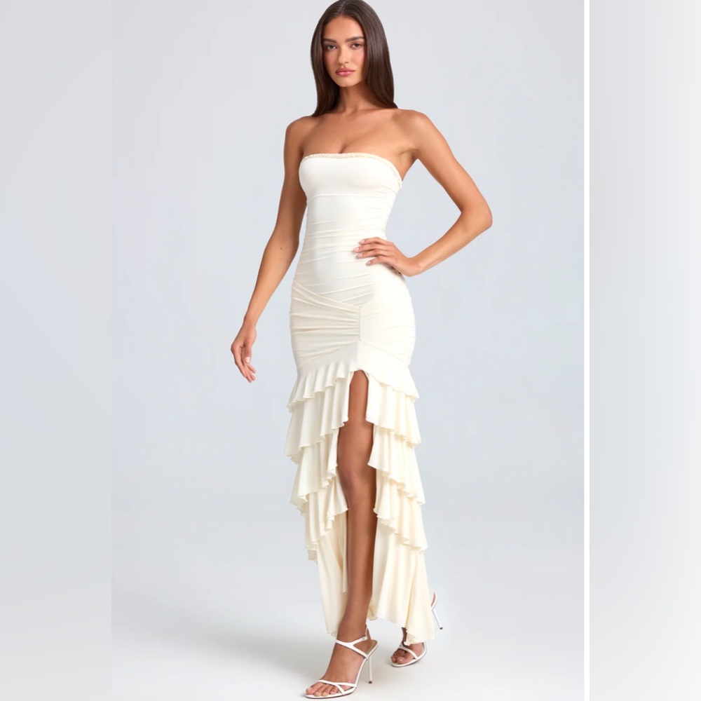 Oh Polly Hayami Bandeau ruched ruffle trim maxi Dress ivory
